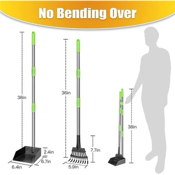 Dog Pooper Scooper Long Handle Stainless Metal Tray and Rake (Green) - Picture 2 of 7